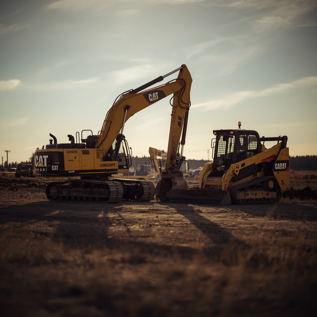 Caterpillar excavator and track loader parked on a Peace Region work site at dusk