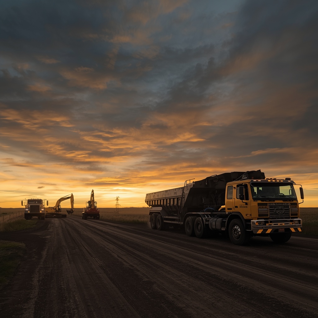 Hi-Drive Contracting trucks and excavators on a Peace Region lease road at sunset